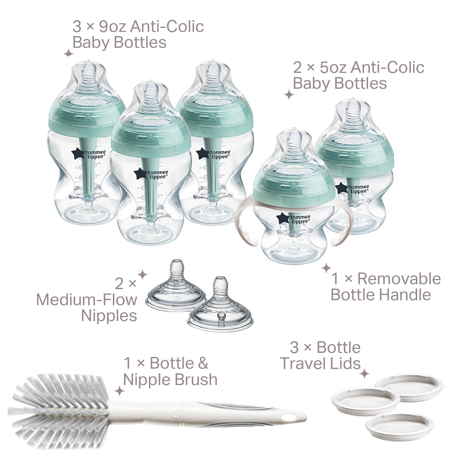 image:imageTommee Tippee Advanced AntiColic 12 Piece Set 5 oz and 9 oz BPA Free Bottles Newborn 0 Months Includes Slow amp MediumFlow BreastLike Nipples and Bottle Handles and Cleaning BrushClear 12 Pieces