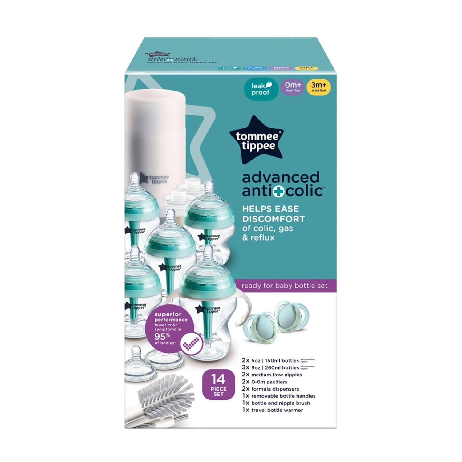 image:imageTommee Tippee Advanced AntiColic 12 Piece Set 5 oz and 9 oz BPA Free Bottles Newborn 0 Months Includes Slow amp MediumFlow BreastLike Nipples and Bottle Handles and Cleaning BrushClear 14 Pieces