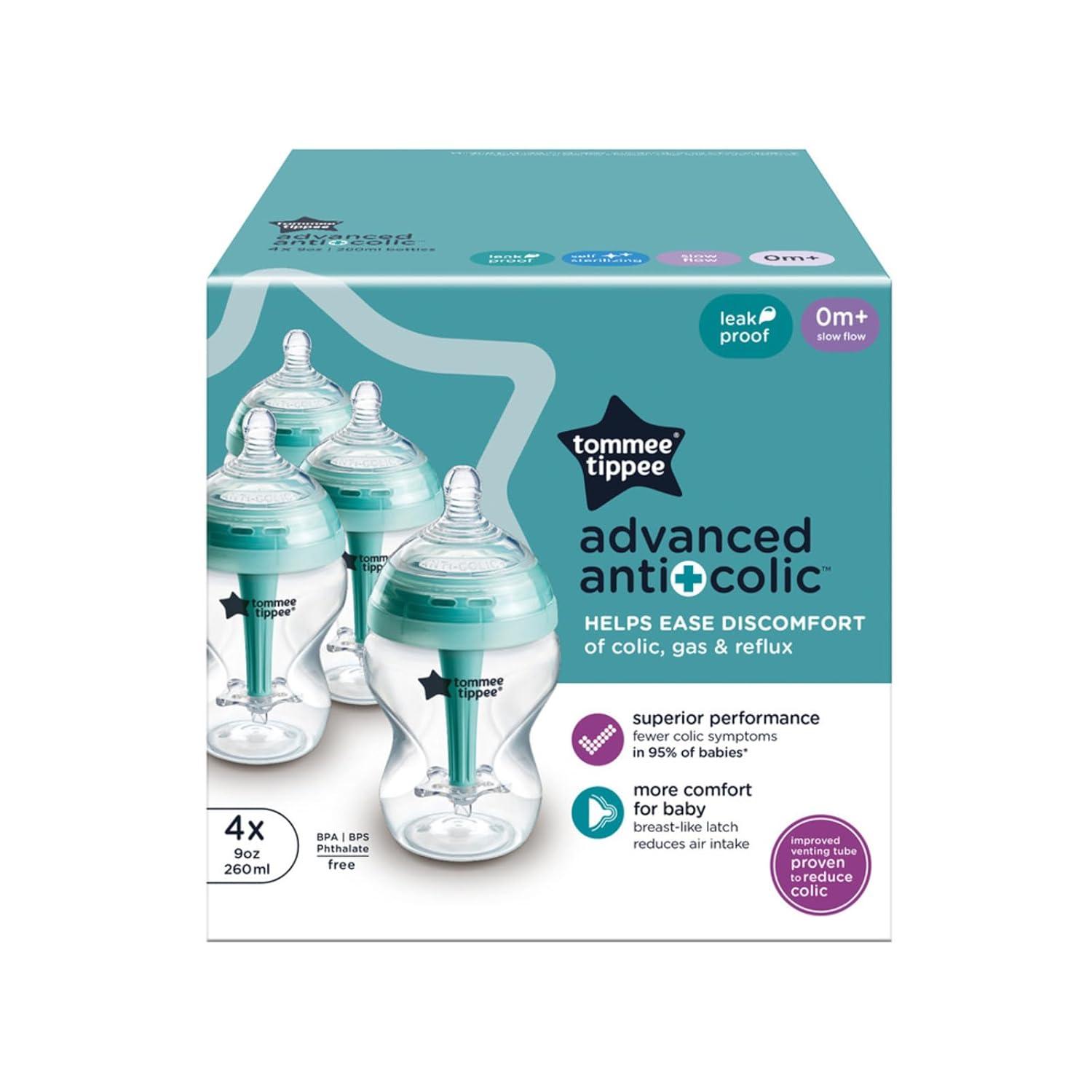image:imageTommee Tippee Advanced AntiColic 9 Oz BPA Free Baby Bottles Newborn 0 Months Slow Flow BreastLike Nipple Unique Design Keeps Air Away from Milk and Baby Clear Pack of 4Blue Clear