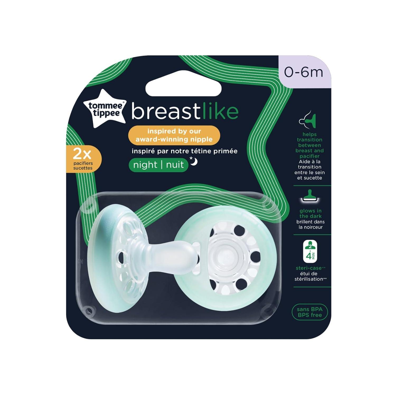 image:imageTommee Tippee BreastLike Night Newborn Pacifier 06 Months BreastLike Baglet BPAFree Binkies Glow in The Dark Technology TealBlue Pack of 2