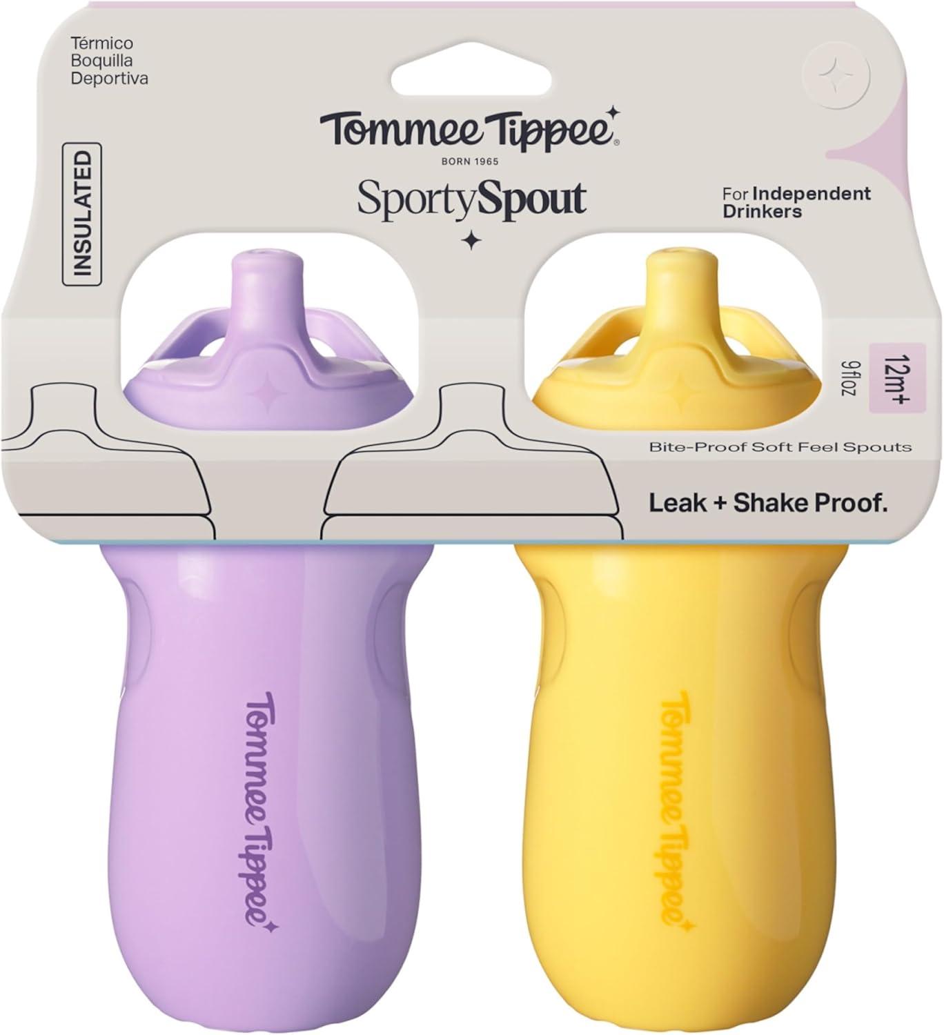 image:imageTommee Tippee Insulated 9oz Sporty Spout Toddler Water Bottle No Spill Sippy Cups for Toddlers 13 TwoPiece Valve Helps Stop Spills Light Blue amp Orange BPA Free Pack of 2Yellow Purple