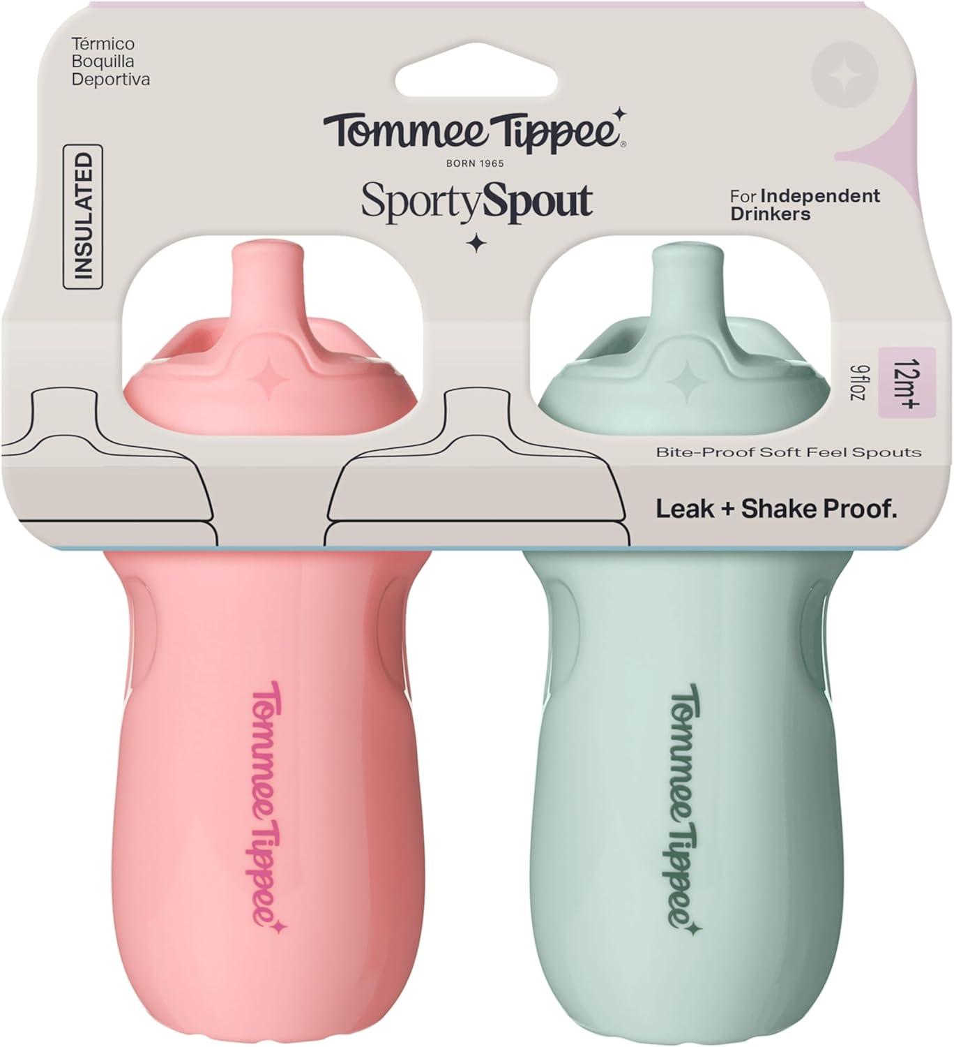 image:imageTommee Tippee Insulated 9oz Sporty Spout Toddler Water Bottle No Spill Sippy Cups for Toddlers 13 TwoPiece Valve Helps Stop Spills Light Blue amp Orange BPA Free Pack of 2Pink Mint