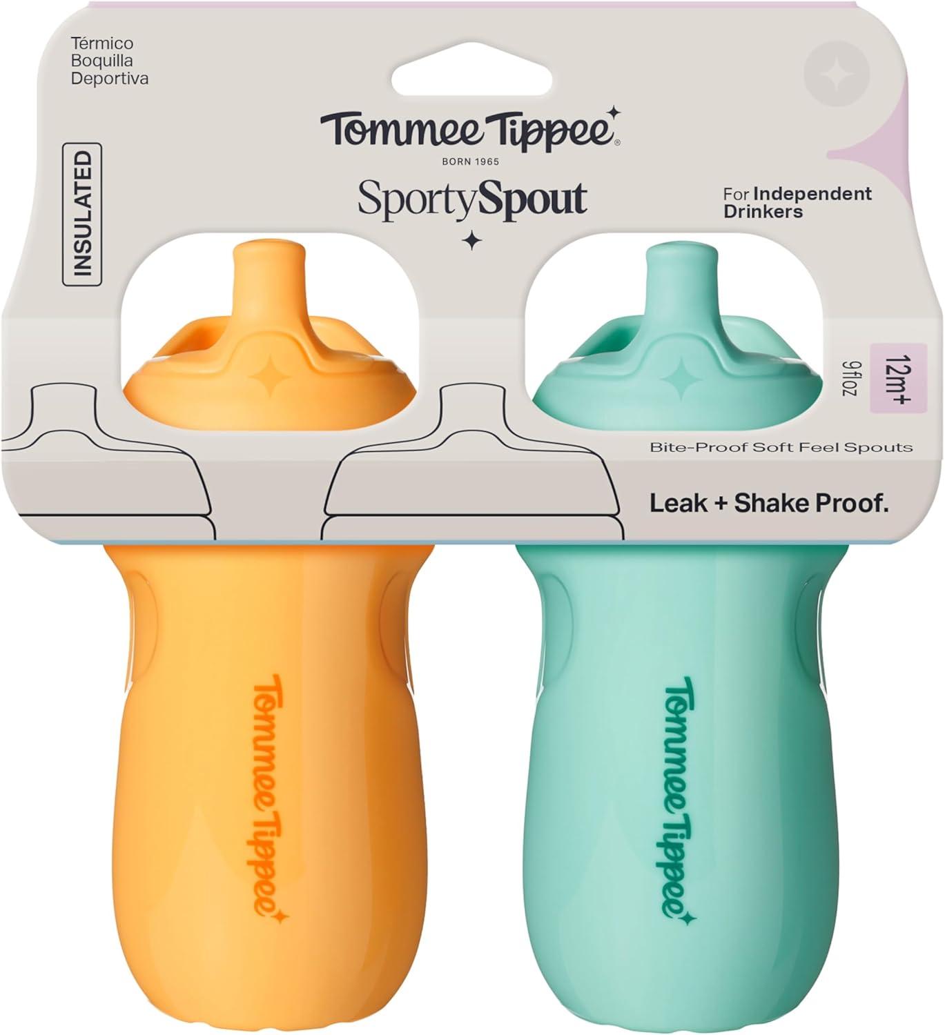 image:imageTommee Tippee Insulated 9oz Sporty Spout Toddler Water Bottle No Spill Sippy Cups for Toddlers 13 TwoPiece Valve Helps Stop Spills Light Blue amp Orange BPA Free Pack of 2Light Blue Orange