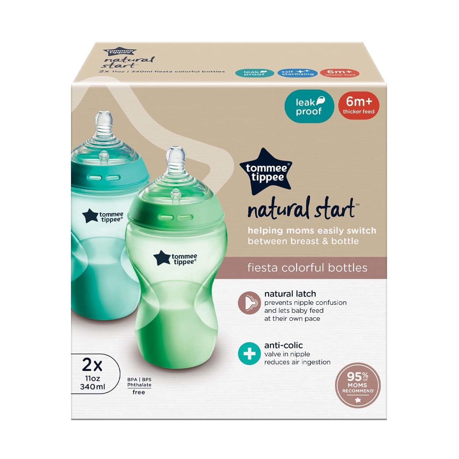 image:imageTommee Tippee Natural Start Baby Bottle 11oz Thicker Feed BreastLike Nipple for Babies 6 Months Green and Teal 2 Count1 Count Pack of 2