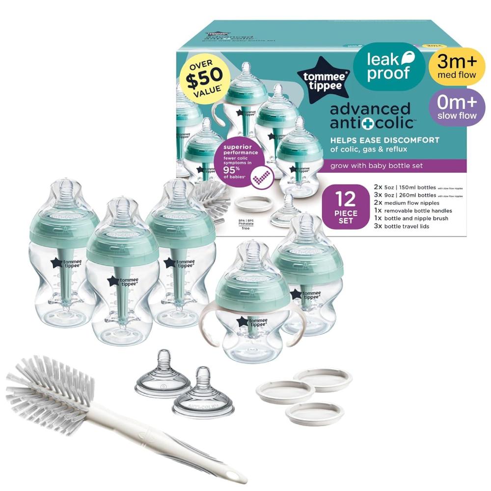 image:imageTommee Tippee Advanced AntiColic 12 Piece Set 5 oz and 9 oz BPA Free Bottles Newborn 0 Months Includes Slow amp MediumFlow BreastLike Nipples and Bottle Handles and Cleaning BrushClear 12 Pieces