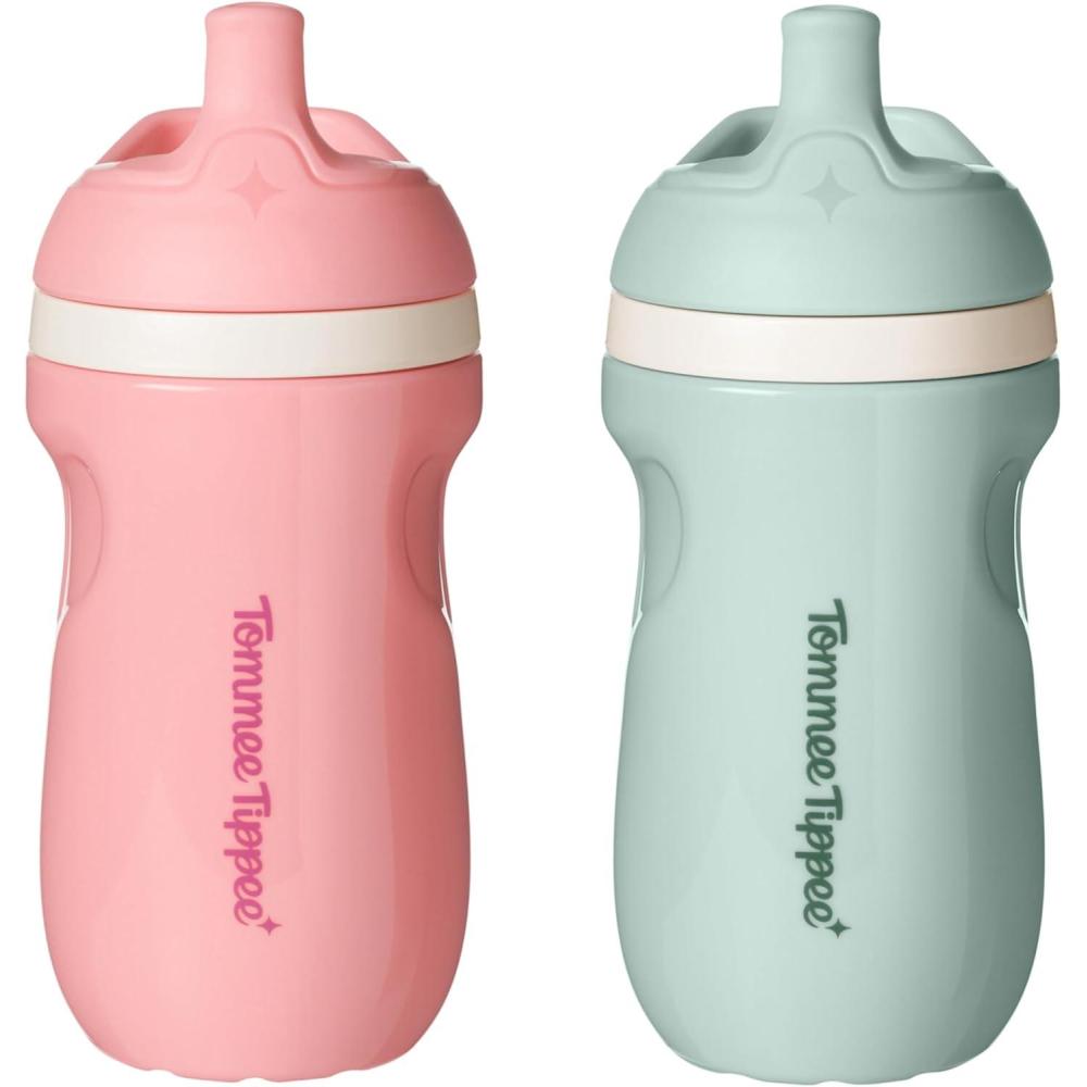 image:imageTommee Tippee Insulated 9oz Sporty Spout Toddler Water Bottle No Spill Sippy Cups for Toddlers 13 TwoPiece Valve Helps Stop Spills Light Blue amp Orange BPA Free Pack of 2Pink Mint