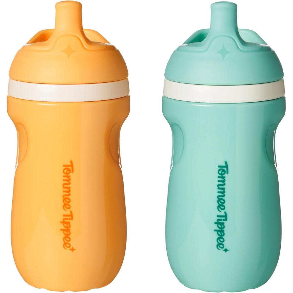 image:imageTommee Tippee Insulated 9oz Sporty Spout Toddler Water Bottle No Spill Sippy Cups for Toddlers 13 TwoPiece Valve Helps Stop Spills Light Blue amp Orange BPA Free Pack of 2Light Blue Orange