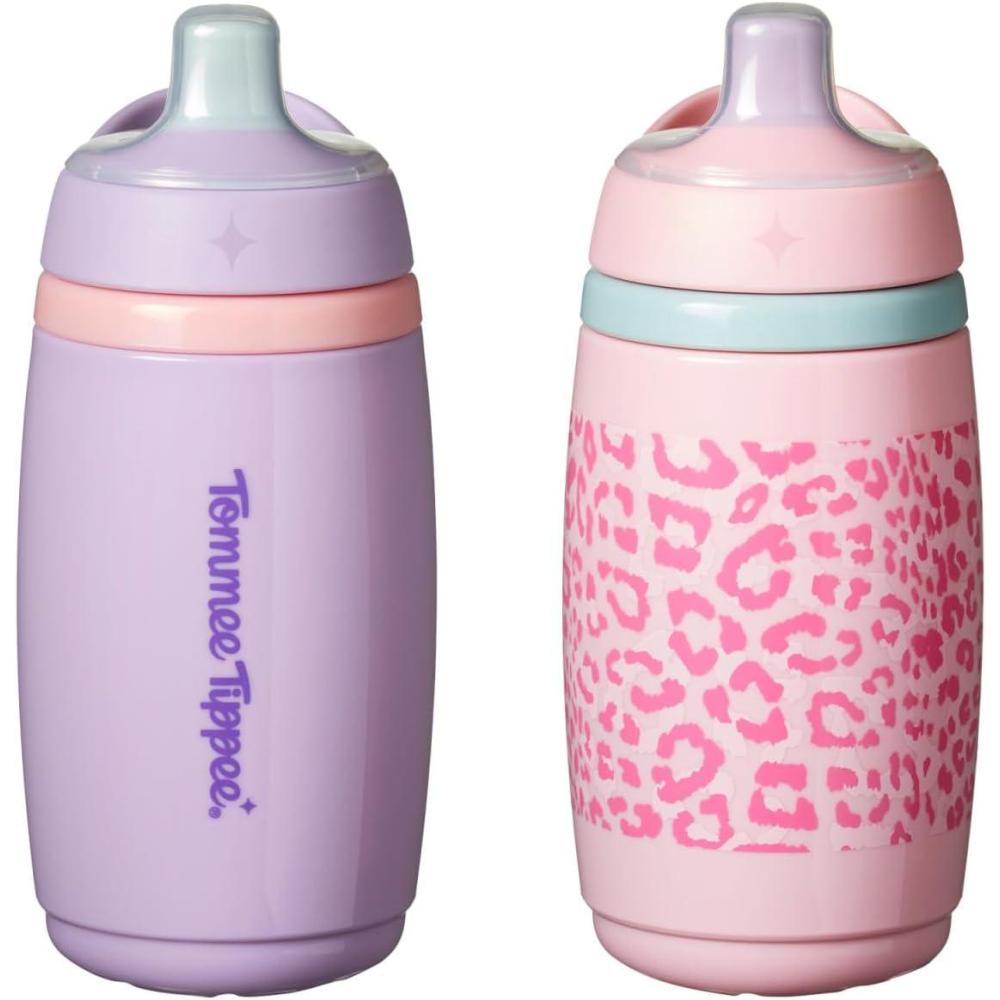 image:imageTommee Tippee Insulated 9oz Sporty Spout Toddler Water Bottle No Spill Sippy Cups for Toddlers 13 TwoPiece Valve Helps Stop Spills Light Blue amp Orange BPA Free Pack of 2Pink Purple