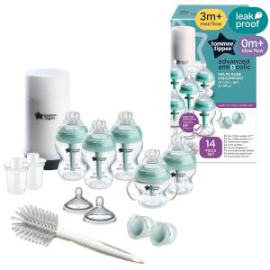 image:imageTommee Tippee Advanced AntiColic 12 Piece Set 5 oz and 9 oz BPA Free Bottles Newborn 0 Months Includes Slow amp MediumFlow BreastLike Nipples and Bottle Handles and Cleaning BrushClear  14 Pieces