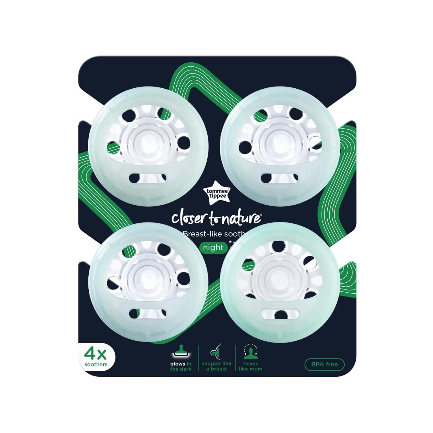 image:imageTommee Tippee BreastLike Night Pacifier 618 Months BreastLike Baglet BPAFree Binkies Glow in The Dark Technology YellowGreen Pack of 4TealBlue