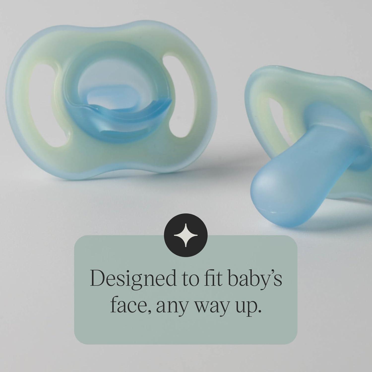 image:imageTommee Tippee Stay Put Pacifier Set Contains 2 UltraLight StayPut Glow in The Dark Pacifiers and 2 UltraLight StayPut Pacifiers 618 Months Colors May Vary OnePiece Silicone Design Pack of 4Blue Yellow