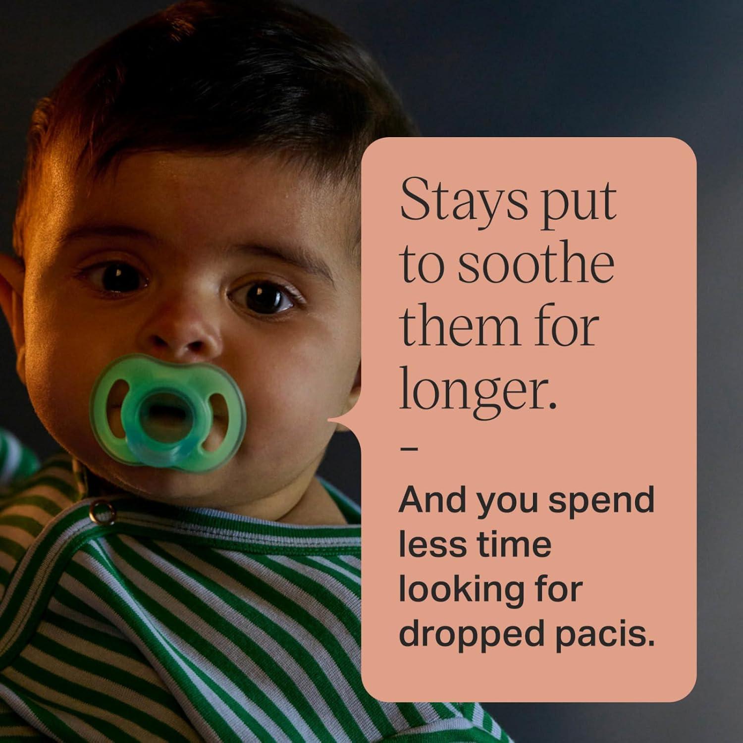 image:imageTommee Tippee Stay Put Pacifier Set Contains 2 UltraLight StayPut Glow in The Dark Pacifiers and 2 UltraLight StayPut Pacifiers 618 Months Colors May Vary OnePiece Silicone Design Pack of 4Blue Green