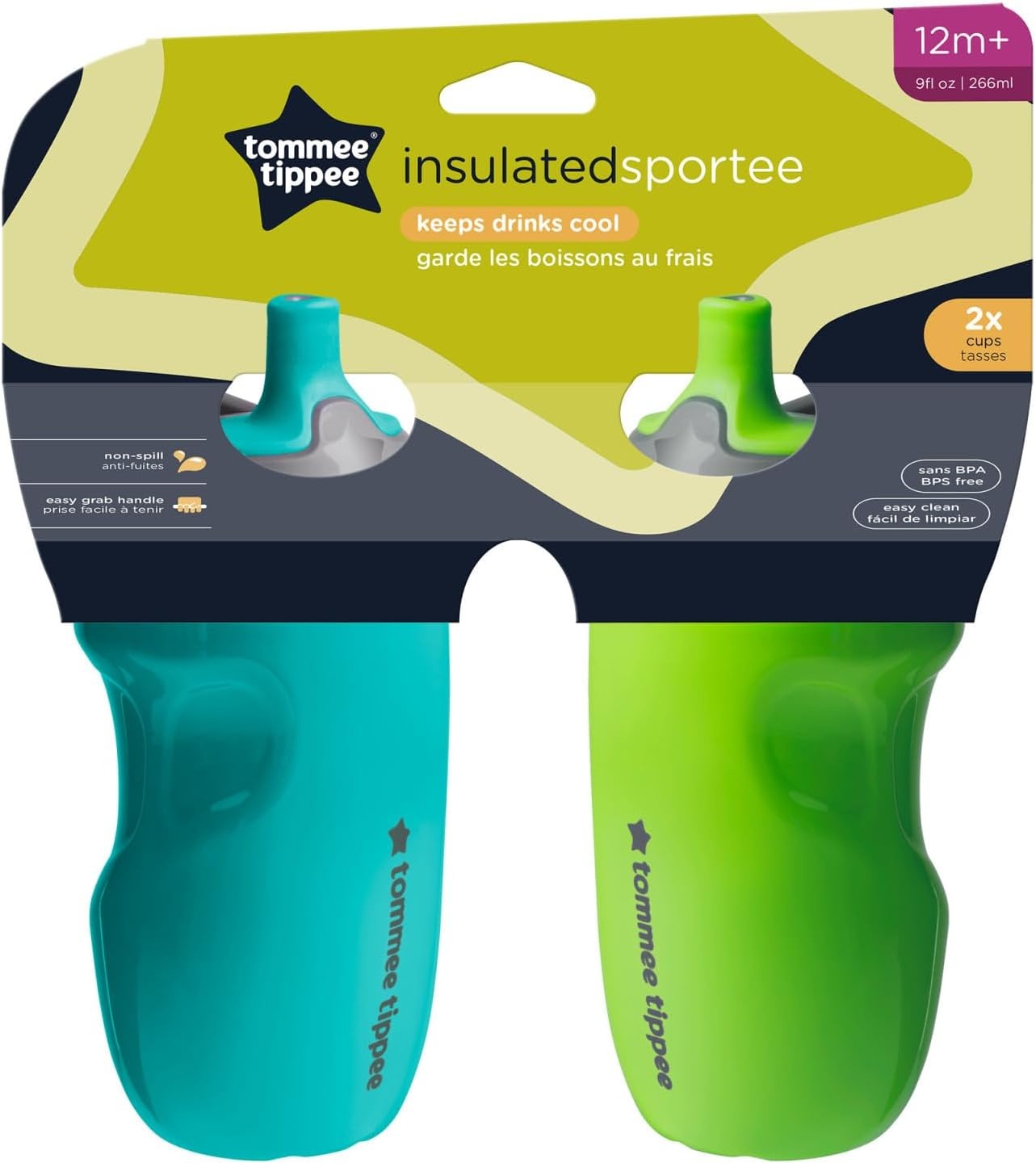 image:imageTommee Tippee Insulated 9oz Sporty Spout Toddler Water Bottle No Spill Sippy Cups for Toddlers 13 TwoPiece Valve Helps Stop Spills Green amp Red BPA Free Pack of 2Green Teal