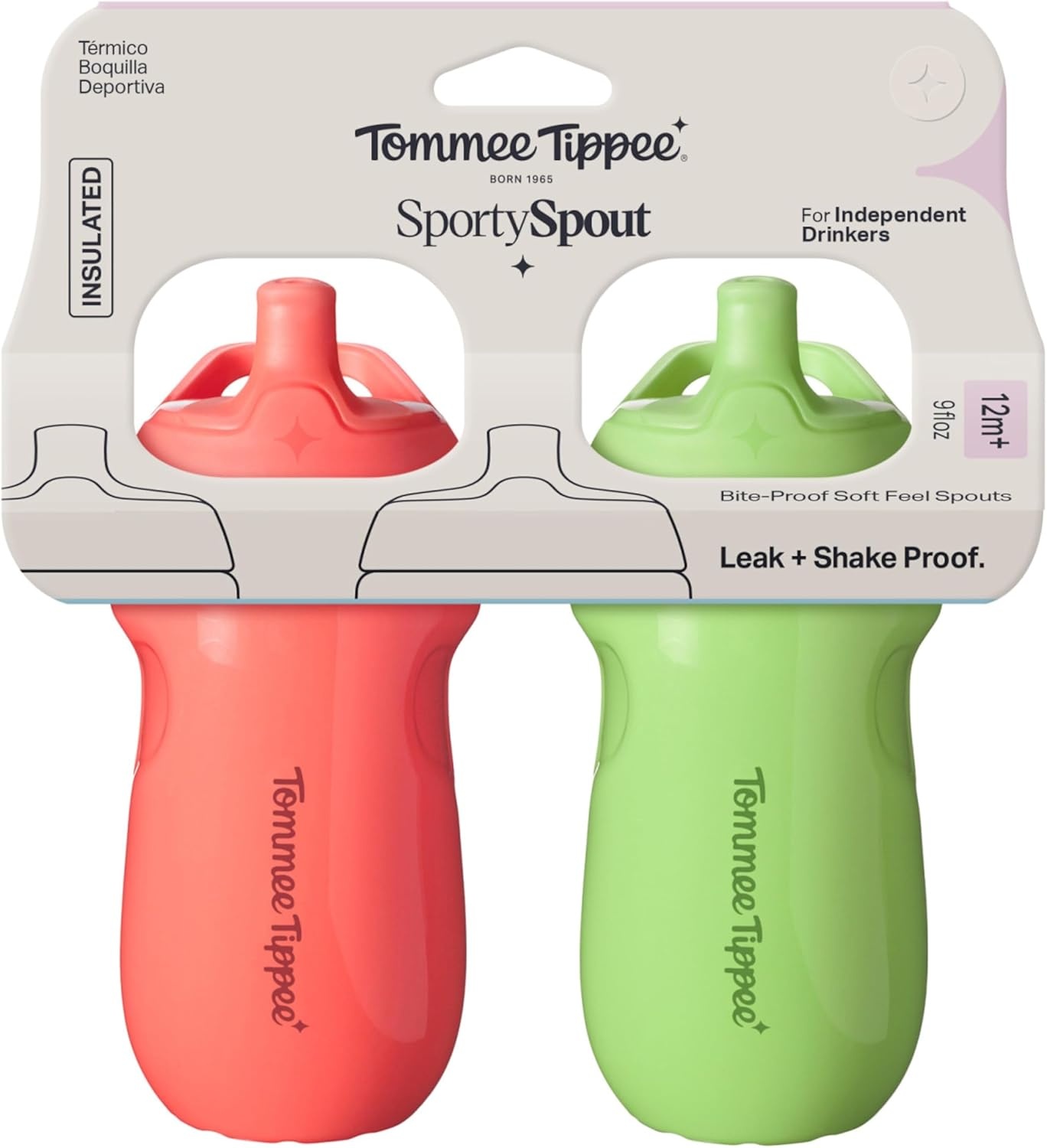 image:imageTommee Tippee Insulated 9oz Sporty Spout Toddler Water Bottle No Spill Sippy Cups for Toddlers 13 TwoPiece Valve Helps Stop Spills Green amp Red BPA Free Pack of 2Green Red