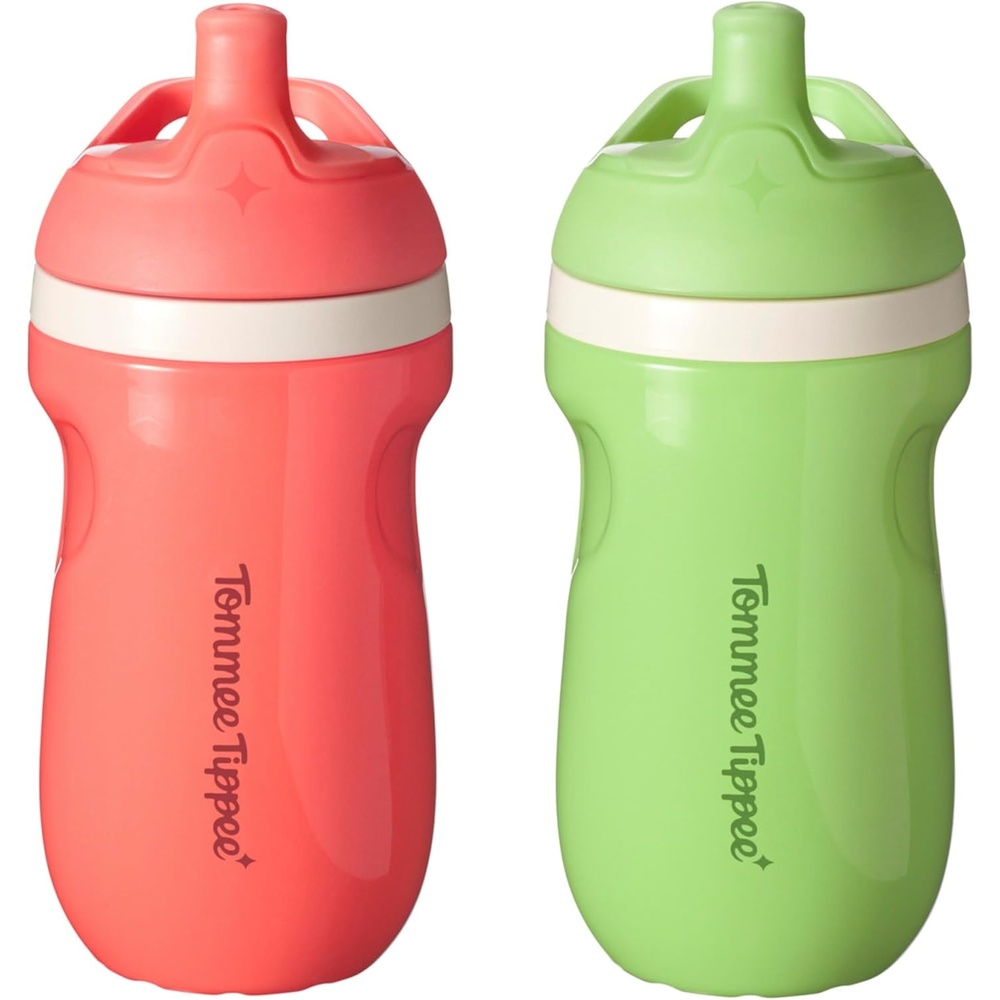 image:imageTommee Tippee Insulated 9oz Sporty Spout Toddler Water Bottle No Spill Sippy Cups for Toddlers 13 TwoPiece Valve Helps Stop Spills Green amp Red BPA Free Pack of 2Green Red