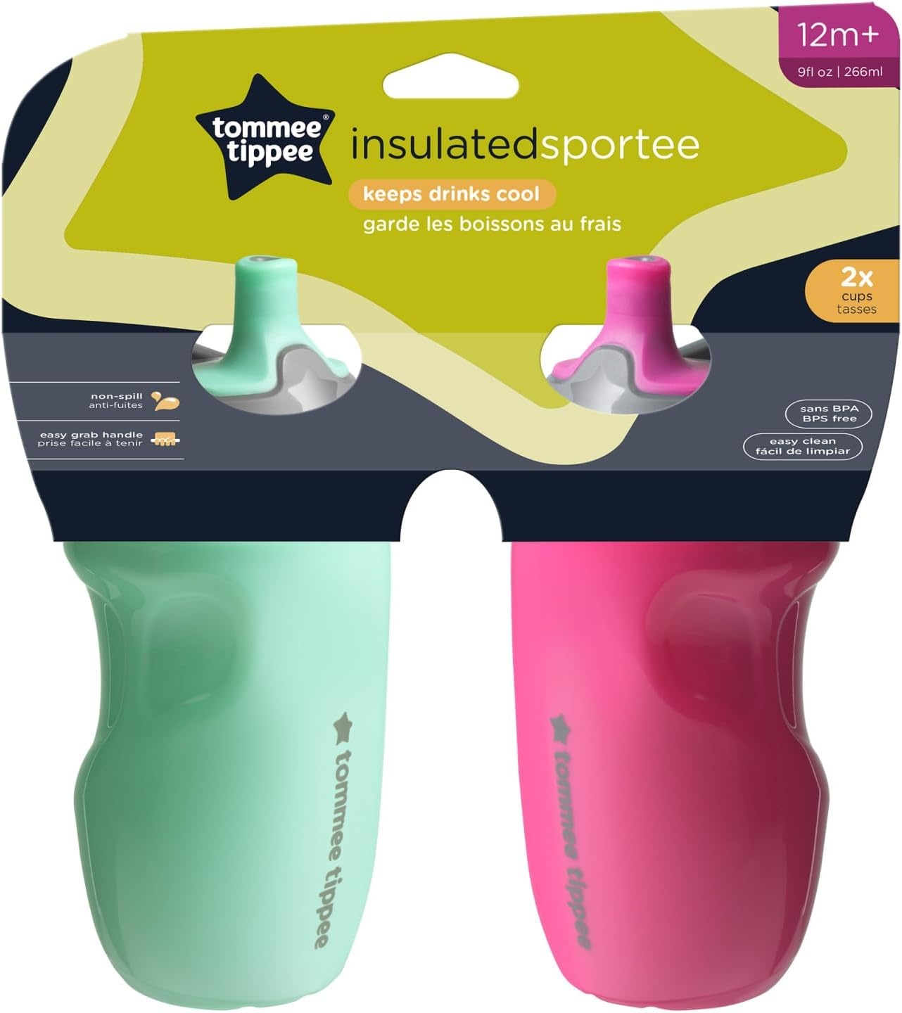 image:imageTommee Tippee Insulated 9oz Sporty Spout Toddler Water Bottle No Spill Sippy Cups for Toddlers 13 TwoPiece Valve Helps Stop Spills Hot Pink amp Mint BPA Free Pack of 2Hot Pink Mint