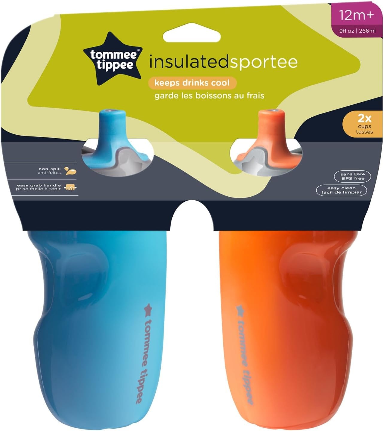 image:imageTommee Tippee Insulated 9oz Sporty Spout Toddler Water Bottle No Spill Sippy Cups for Toddlers 13 TwoPiece Valve Helps Stop Spills Hot Pink amp Mint BPA Free Pack of 2Orange Blue