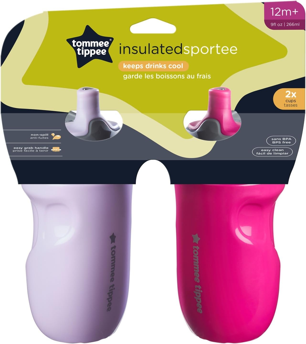 image:imageTommee Tippee Insulated 9oz Sporty Spout Toddler Water Bottle No Spill Sippy Cups for Toddlers 13 TwoPiece Valve Helps Stop Spills Hot Pink amp Mint BPA Free Pack of 2Lilac Plum