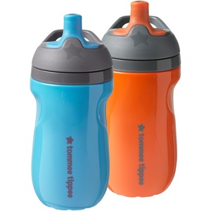 image:imageTommee Tippee Insulated 9oz Sporty Spout Toddler Water Bottle No Spill Sippy Cups for Toddlers 13 TwoPiece Valve Helps Stop Spills Hot Pink amp Mint BPA Free Pack of 2Orange  Blue