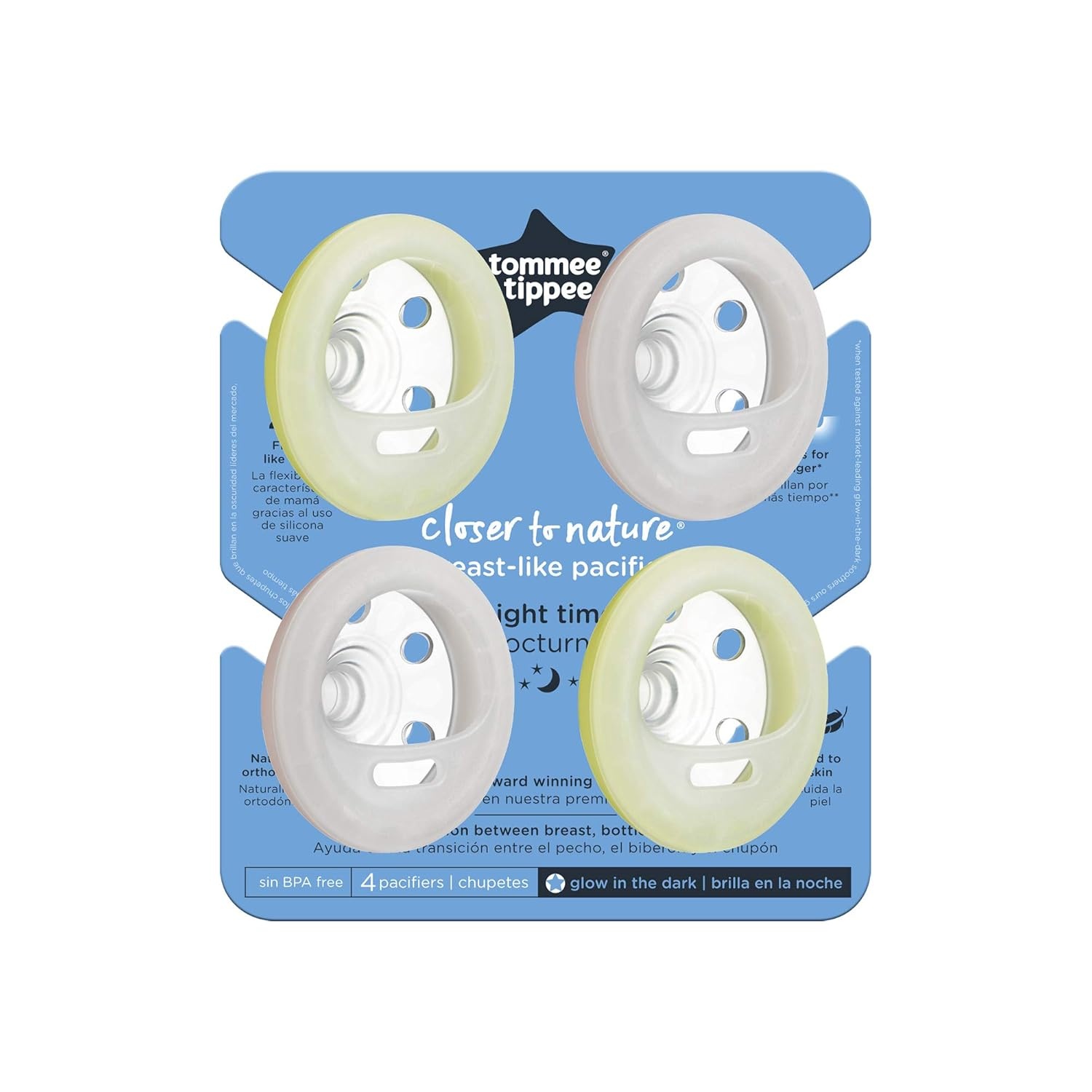 image:imageTommee Tippee BreastLike Night Pacifier 618 Months BreastLike Baglet BPAFree Binkies Glow in The Dark Technology PinkYellow Pack of 4