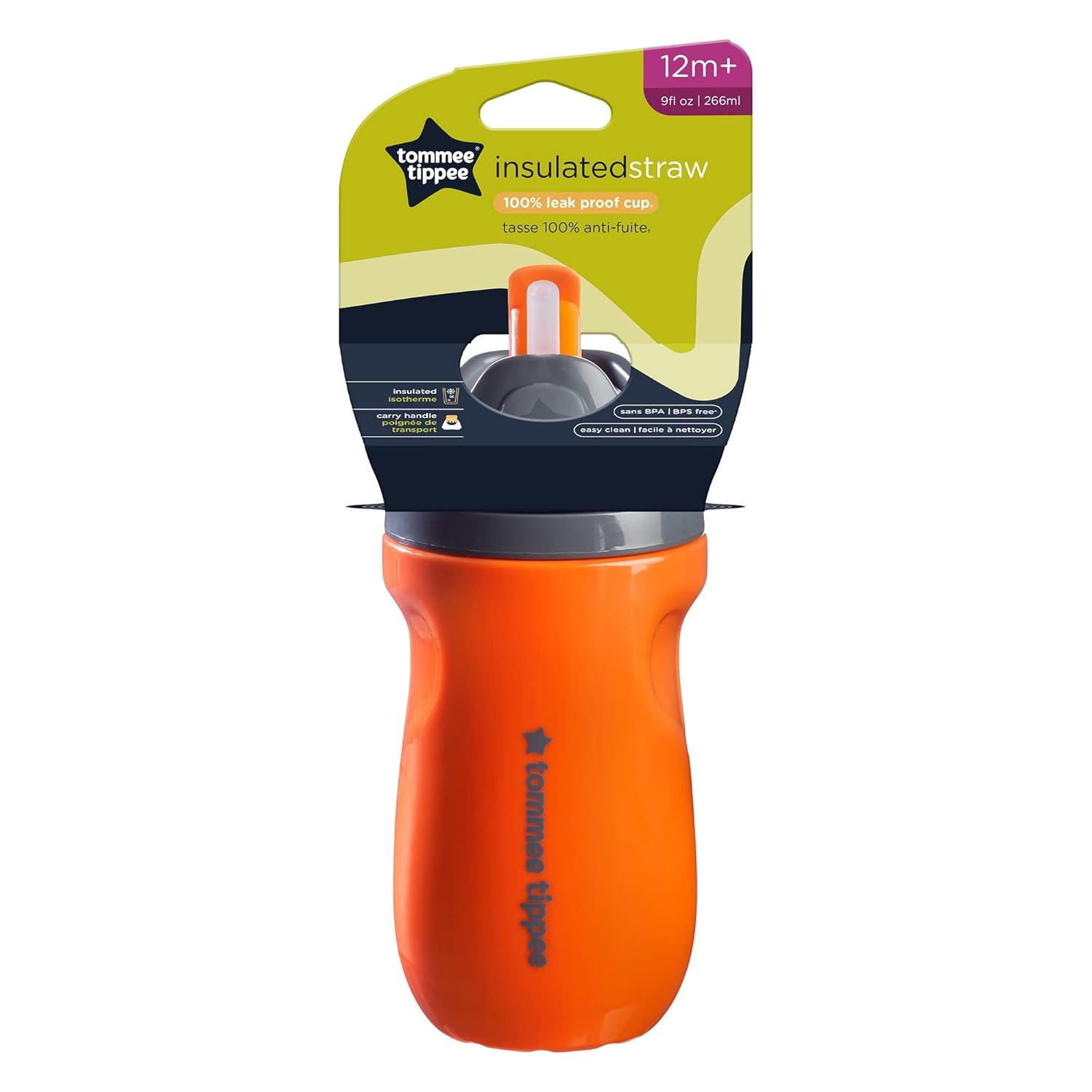 image:imageTommee Tippee Insulated Sporty SpillProof 9oz Straw Training Sippy Cups for Toddlers 13 Sporty Carry Handle Bite Resistant Spout Flip Lid Keeps Straw Clean BPA Free Orange Pack of 1